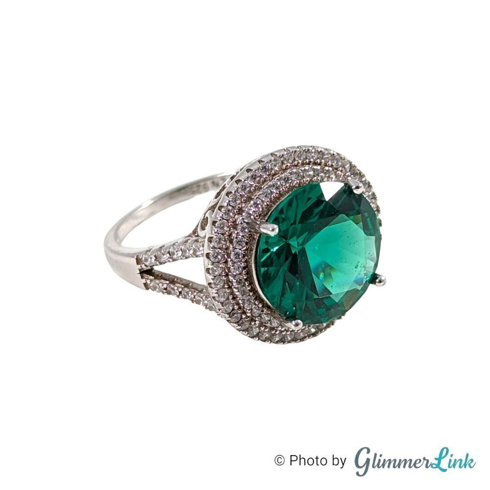 Green Faceted Round Pave Double Halo CZ Sterling Silver Ring Sz 8